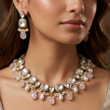 Blush Polki Diamond Necklace with Earrings Set