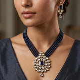 Kundan Pendant and strings of Blue beads Necklace with Earrings Set