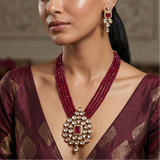 Kundan Pendant and strings of Red bead Necklace with Earrings Set