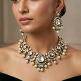 Gold Finish Kundan Polki & Pearl Choker Necklace with Earrings and Tikka Set