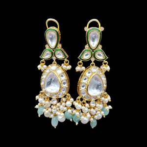 Polki Chandbali Earrings with Pearl and Blue drops