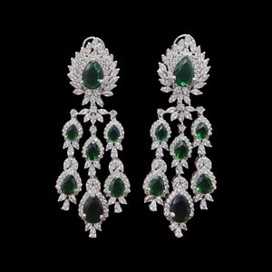 Emerald Green Silver Diamond Multi layered Earrings