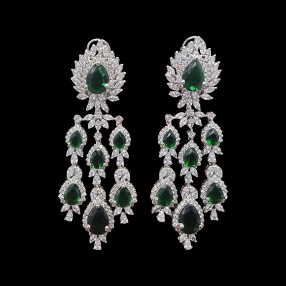Emerald Green Silver Diamond Multi layered Earrings