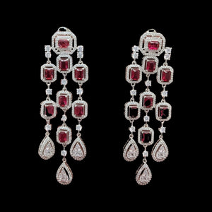 Red Silver Diamond Chandelier Earrings