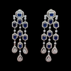 Blue Sapphire Stones in Silver Rhodium Plated Diamond Chandelier Earrings