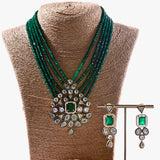 Kundan Pendant and strings of Emerald bead Necklace with Earrings