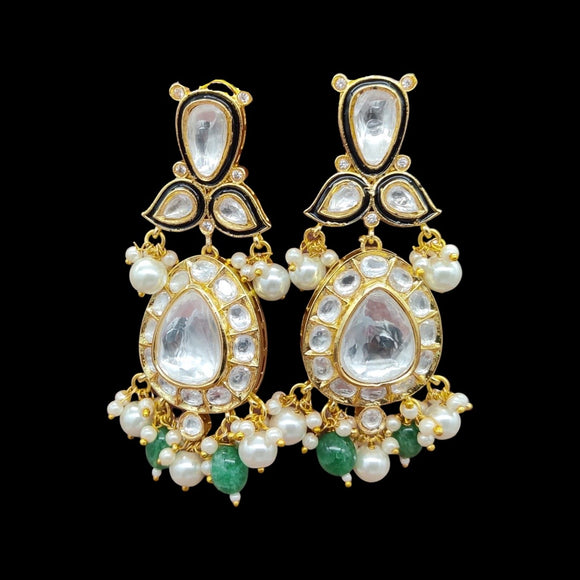 Polki Chandbali Earrings with Pearl and Green drops