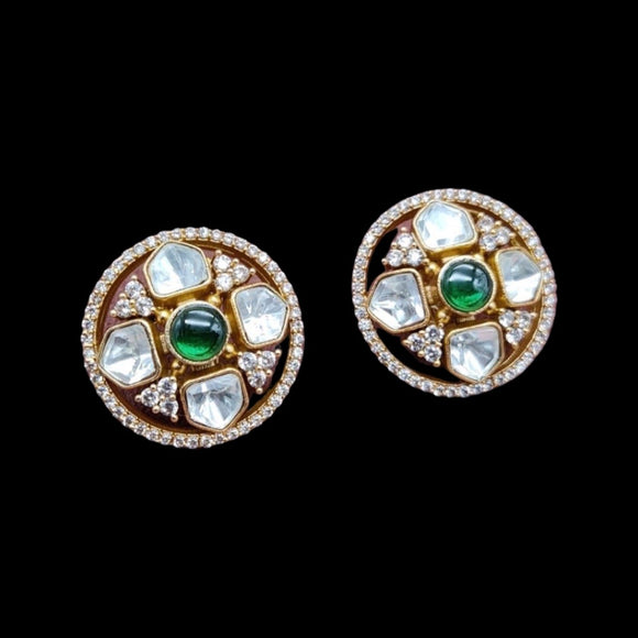 Green Kundan Diamond Stud Earrings