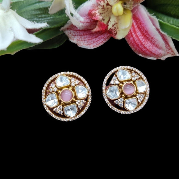 Rose Pink Kundan Diamond Stud Earrings