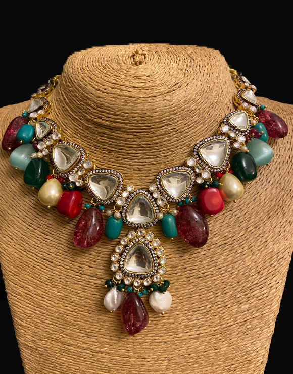 Multicolored Victorian Kundan Necklace Set with Earrings - Ziva Art Jewellery