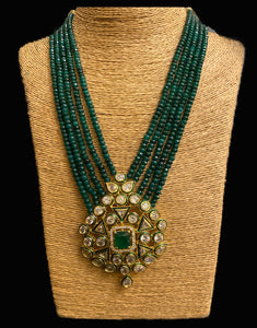 Kundan Pendant and strings of Emerald bead Necklace with Earrings - Ziva Art Jewellery