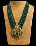 Kundan Pendant and strings of Emerald bead Necklace with Earrings - Ziva Art Jewellery