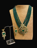 Kundan Pendant and strings of Emerald bead Necklace with Earrings - Ziva Art Jewellery
