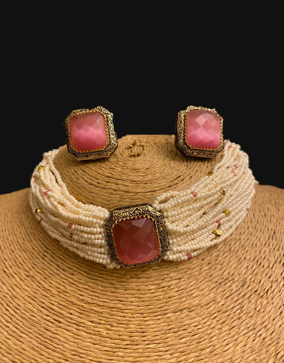 Pink  Stone Chokar with Stud Earrings Set - Ziva Art Jewellery