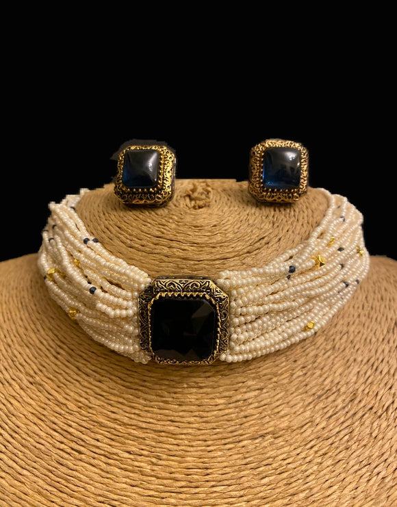 Sapphire Victorian Stone Chokar with Stud Earrings Set - Ziva Art Jewellery