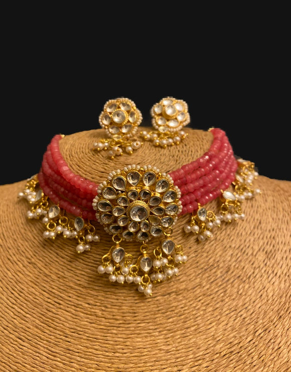 Kundan Chokar in Pink Strings with Earrings Set - Ziva Art Jewellery