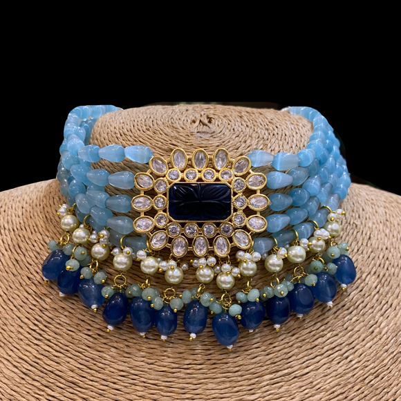 Blue Kundan choker with Earrings Set