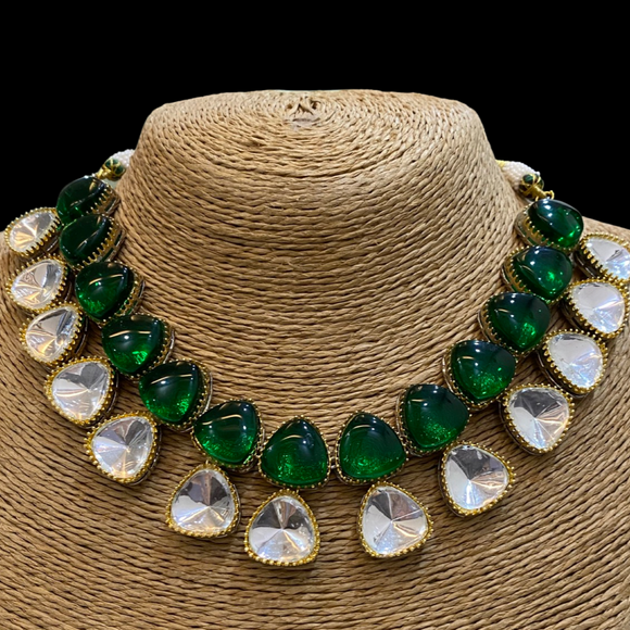 Green stones with Kundan Necklace with Earrings Set