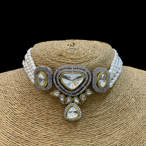 Victorian Diamond- kundan and Pearl Choker with Earrings Set