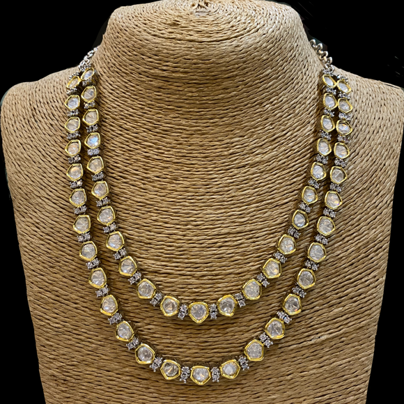 Double Line Kundan and Diamond Necklace with Earrings Set