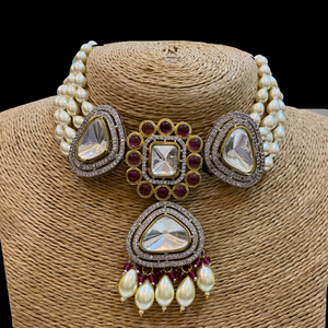 Ruby Kundan and Diamond choker-necklace with Earrings Set