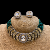 Thin Green kundan choker with Earrings Set