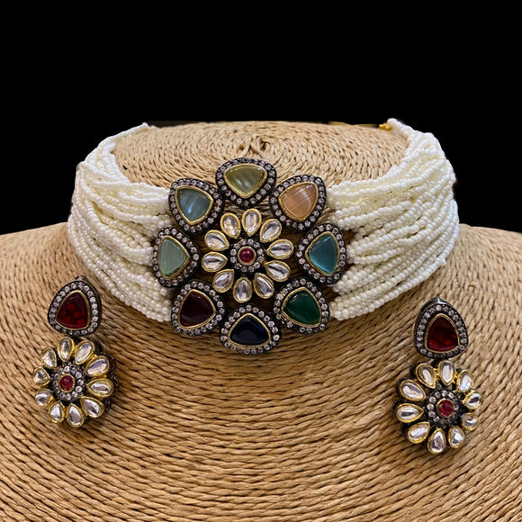 Thin Navratan choker with Earrings Set