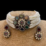 Thin Navratan choker with Earrings Set
