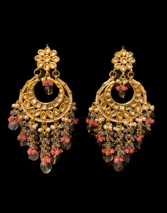 Grey and Pink Beads Chandbali Earrings - Ziva Art Jewellery