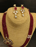 Kundan Side Brooch and Red bead strings Necklace with Earrings Set - Ziva Art Jewellery