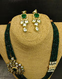 Kundan Side brooch and Green bead strings Necklace with Earrings Set - Ziva Art Jewellery