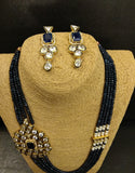 Kundan Side brooch and strings of Blue bead Necklace with Earrings Set - Ziva Art Jewellery