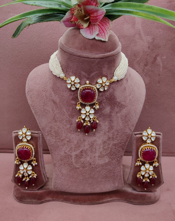 Ruby Stone kundan Pearl choker Necklace Set For Women