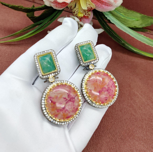 Fire Earrings with Pink and Green Stones