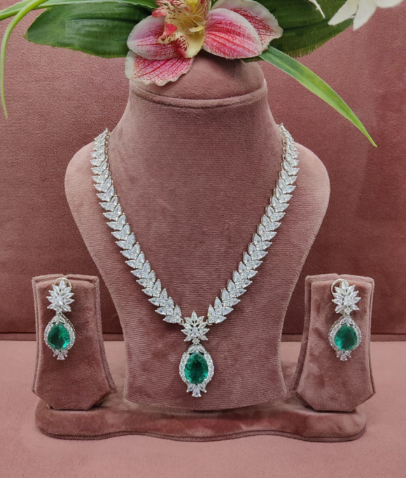 Emerald Long Pendant Necklace with Earrings