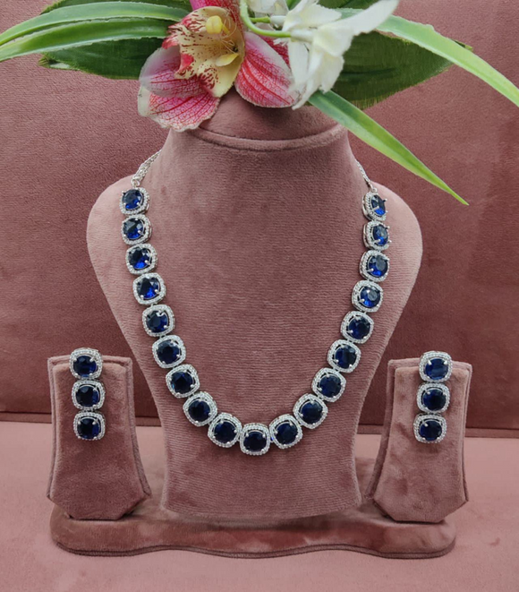 Statement Sapphire stones and Zircon Necklace with Matching Earrings