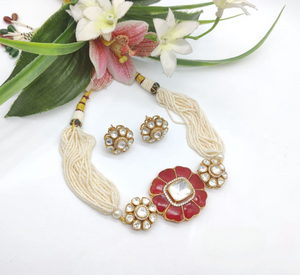 Sleak Red kundan and Pearls Choker With matching Earrings Set