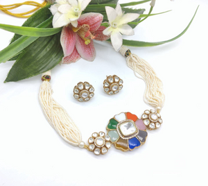 Sleak Multicoloured kundan and Pearls Choker With matching Earrings Set