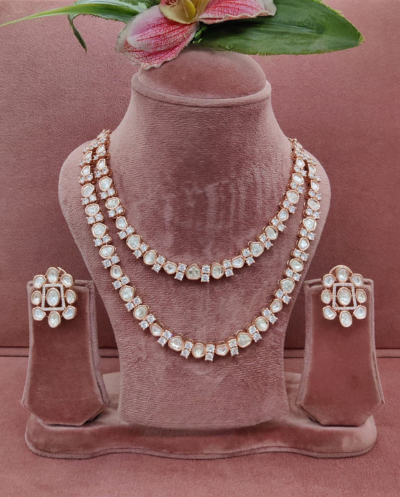 Shayna Layered Uncut Polki Diamond Necklace Set with Earrings- Rose Gold