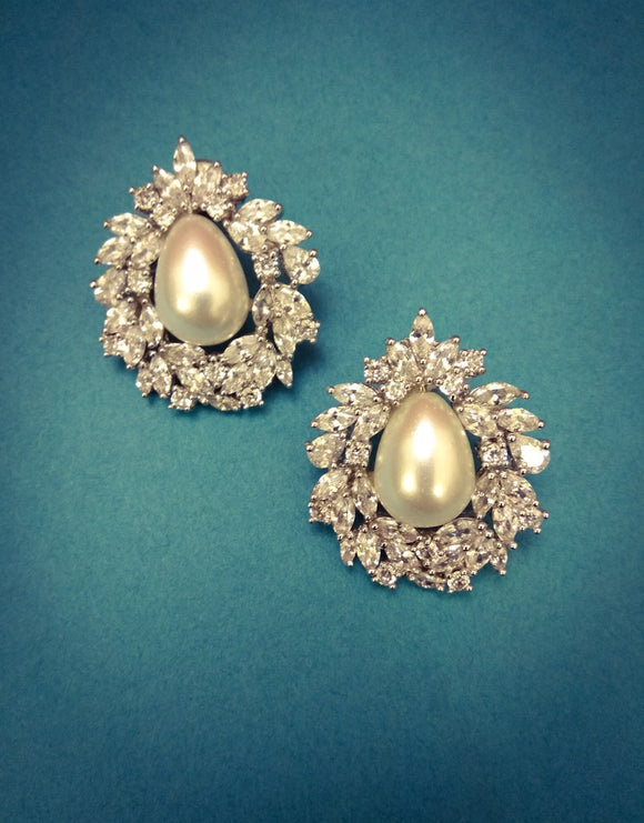 Pearl and American Diamonds Stud Earrings - Ziva Art Jewellery
