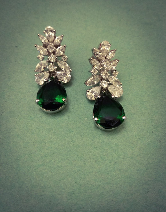 American Diamond with Emerald Stone Earrings - Ziva Art Jewellery