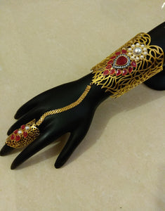 Red Stones with Pearls Haath Phool - Ziva Art Jewellery