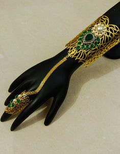 Green Stones with Pearls Haath Phool - Ziva Art Jewellery