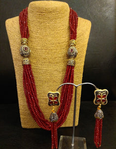 Red Crystal String with Antique Stones and Earrings Set - Ziva Art Jewellery