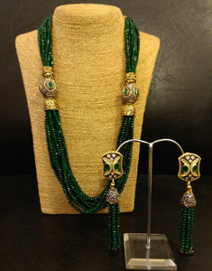 Green Crystal String with Antique Stones and Earrings Set - Ziva Art Jewellery