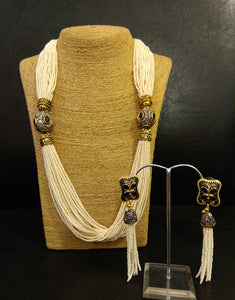 Pearl String with Antique Stones and Earrings Set - Ziva Art Jewellery