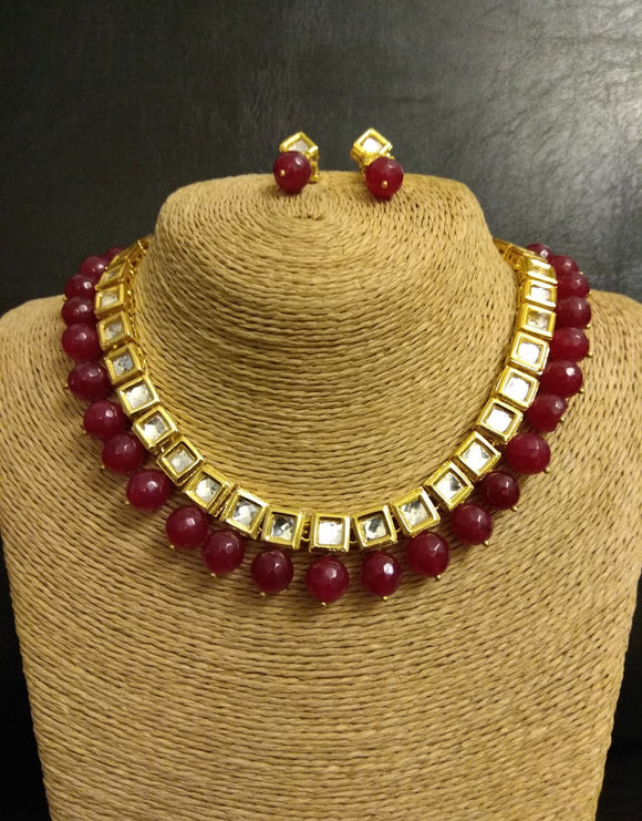 Kundan line with Red Oynx Beads Necklace with Earrings Set - Ziva Art Jewellery