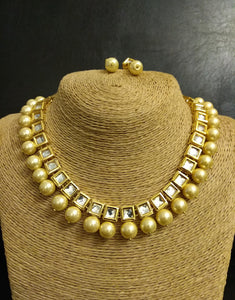 Kundan line with Golden Oynx Beads Necklace with Earrings Set - Ziva Art Jewellery