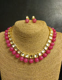 Kundan line with Pink Oynx Beads Necklace with Earrings Set - Ziva Art Jewellery