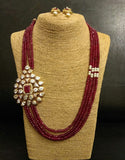 Kundan Side Brooch and Red bead strings Necklace with Earrings Set - Ziva Art Jewellery